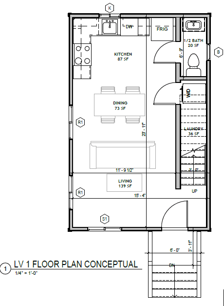 Budget Cottage 2 Bed, first floor plan: kitchen, dining, living, half bath, laundry