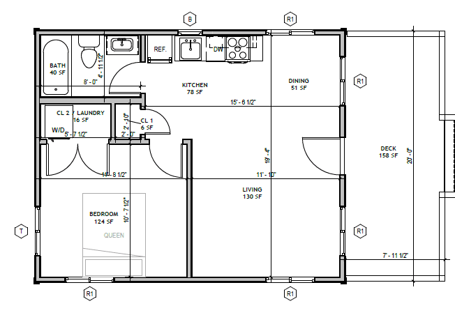Escape Pod floor plan: bedroom, bath, laundry closet, kitchen, dining, living, deck
