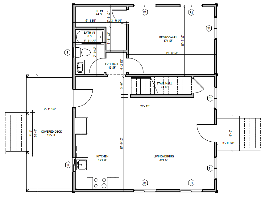 Master on Main 3 Bed, first floor plan: primary bedroom, bath, kitchen, living/dining, covered deck