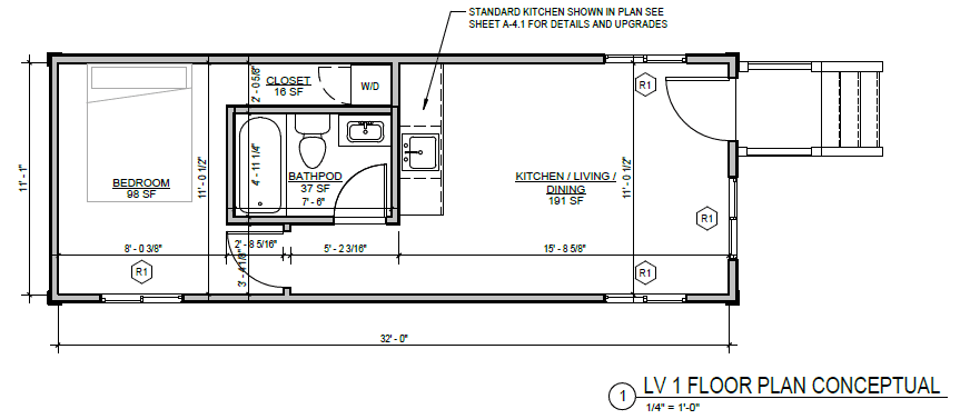 Origami Home floor plan: bedroom, closet, bath pod, kitchen/living/dining