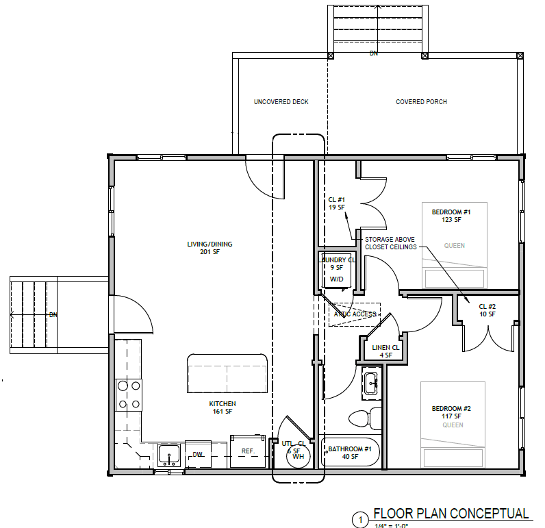 Single Level Cottage 2 Bed floor plan: living/dining, kitchen, two bedrooms, bathroom, covered porch