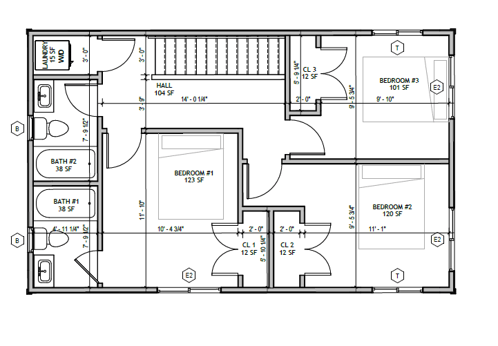 Standard Cottage 3 Bed, second floor plan: three bedrooms, two full baths, hall, laundry closet