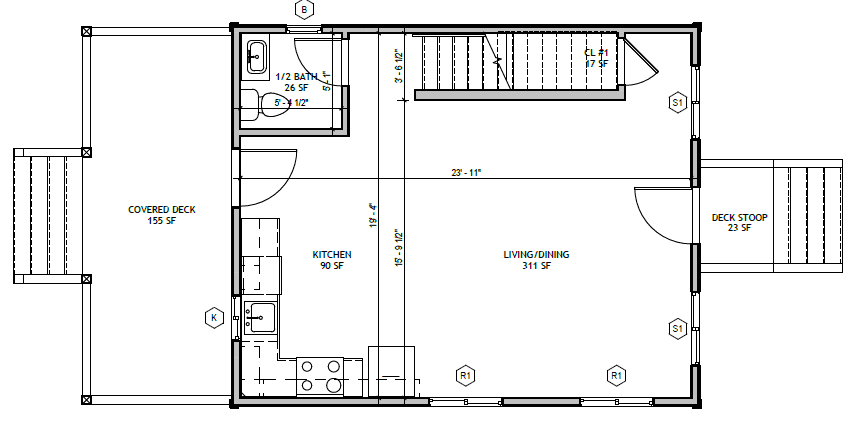 Standard Cottage 2 Bed, first floor plan: kitchen, living/dining, half bath, covered deck