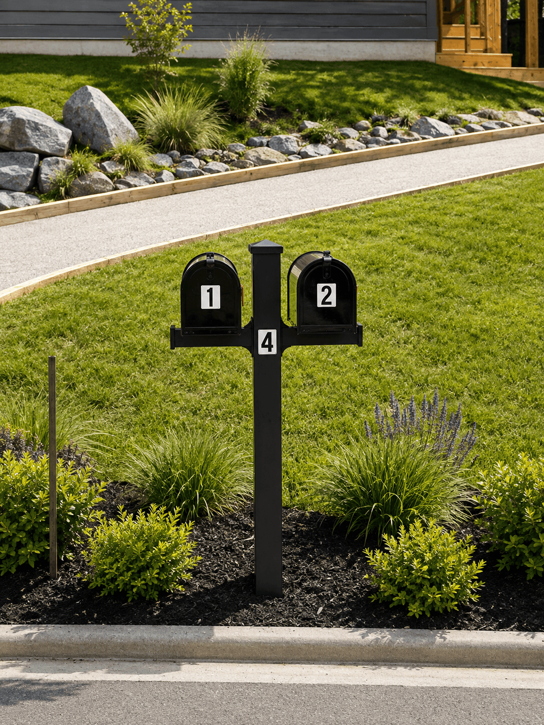 Finished landscaping and mailbox post at a Compact Cottages community